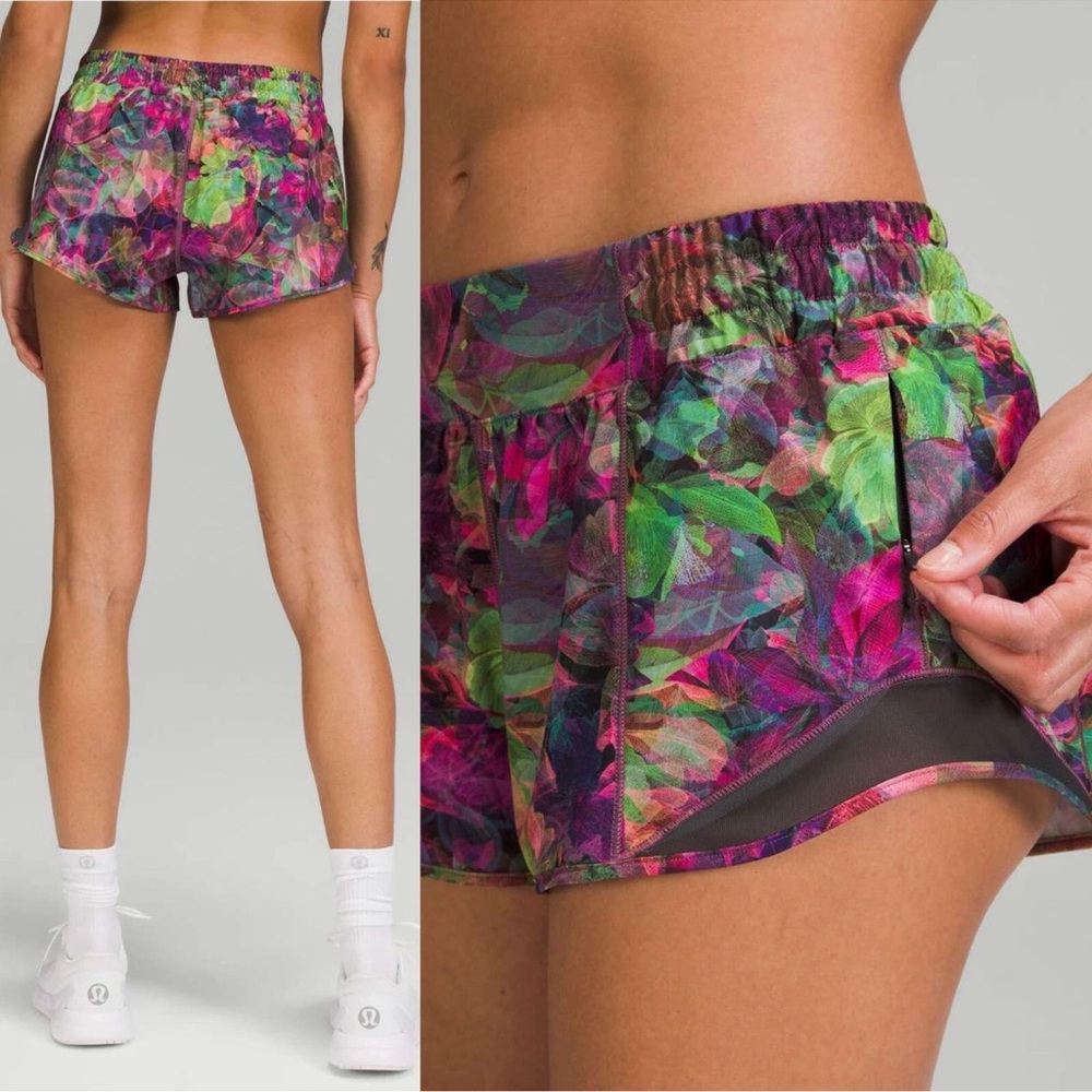 Lulu Hotty Hot Low-Rise Lined Short 4" Vivid Floral Tone Multi/Graphite Size 2
